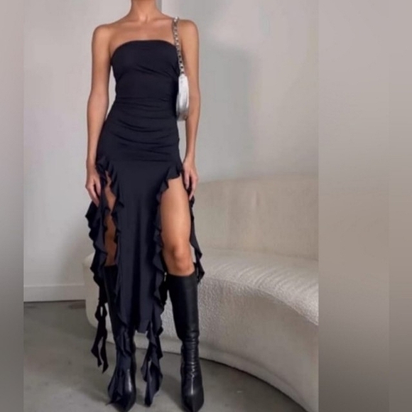 Sexy Y2K Black Stretch Maxi Date Dress Long Gown High Slit Ruffle Strapless LBD - Picture 3 of 14